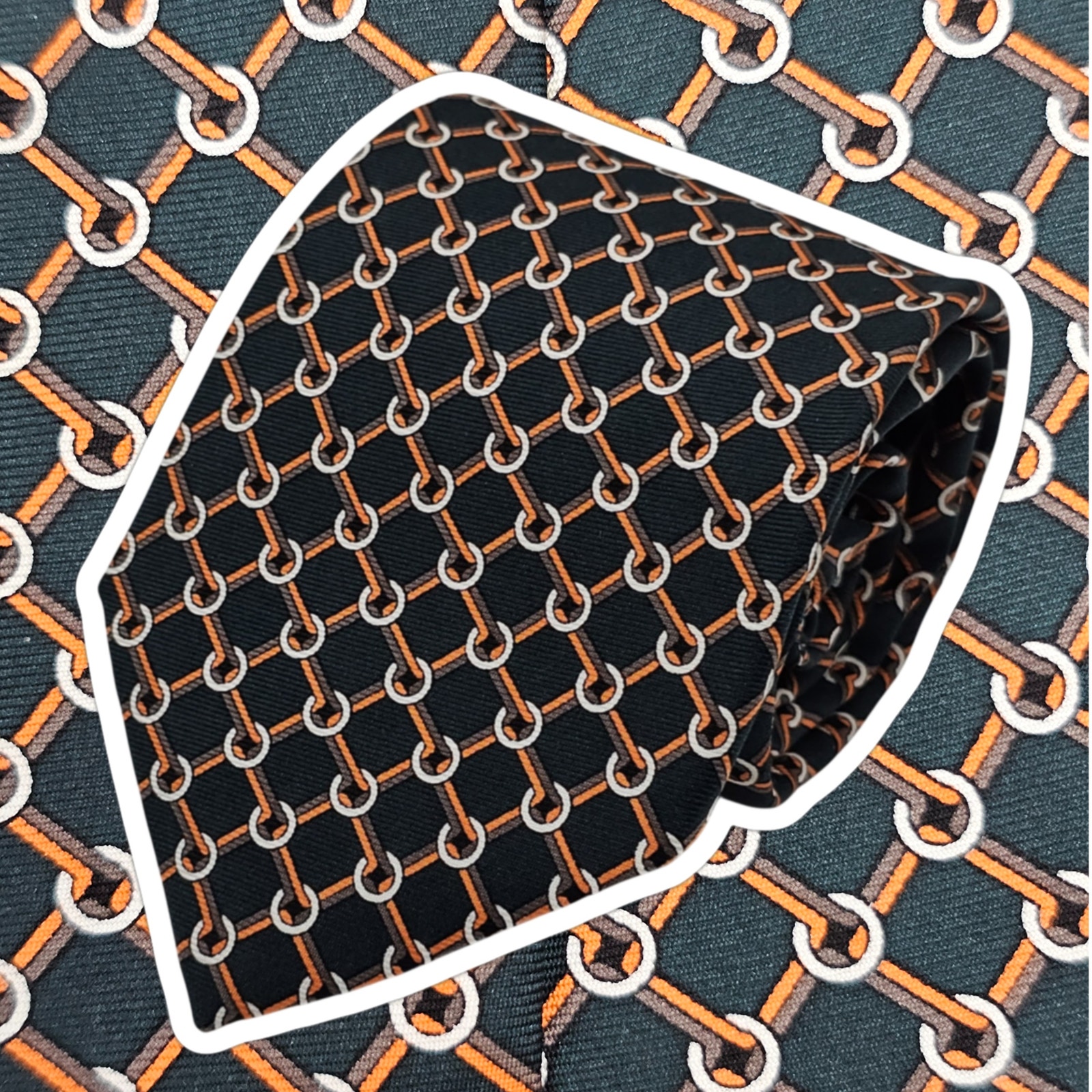 Brooks Brothers 346 Usa Made Dark Green Geometric Orange Chain Silk Tie 59"